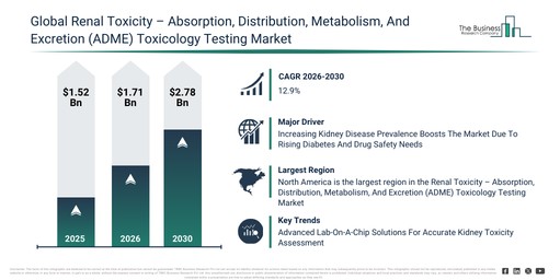 Global Renal Toxicity – Absorption, Distribution, Metabolism, And Excretion (ADME) Toxicology Testing Market Set for Strong Expansion, Reaching $2.78 Billion With 12.9% CAGR by 2030